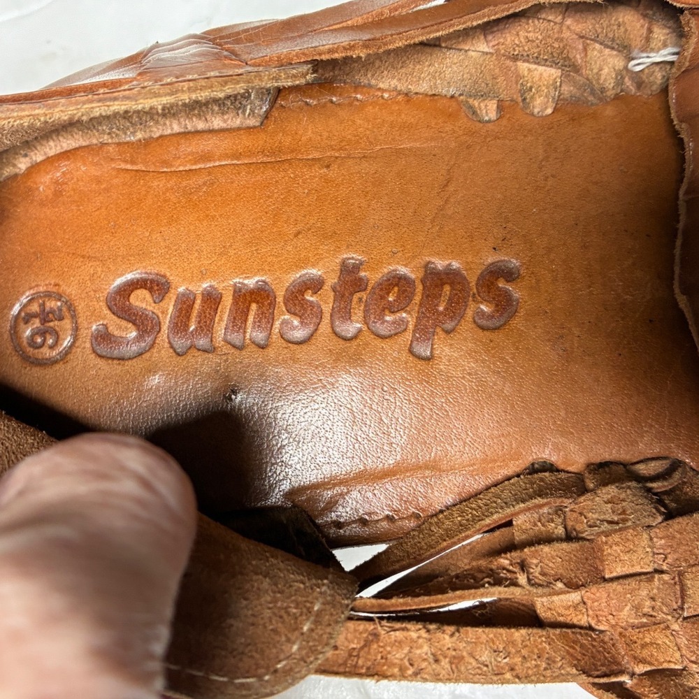 Classic Woven Leather Huarache Sandals Sunsteps Brown Tan Slip On Men's 9.5 - Picture 7 of 9